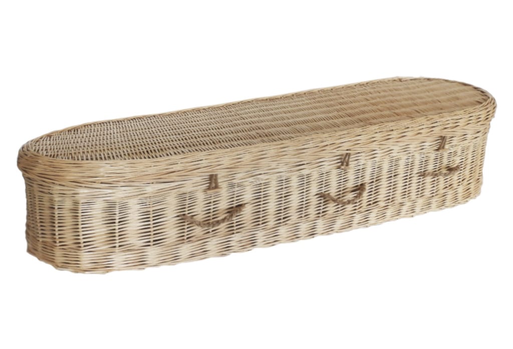 Hand woven Willow Coffin with rope grab handles and wooden rope tie downs