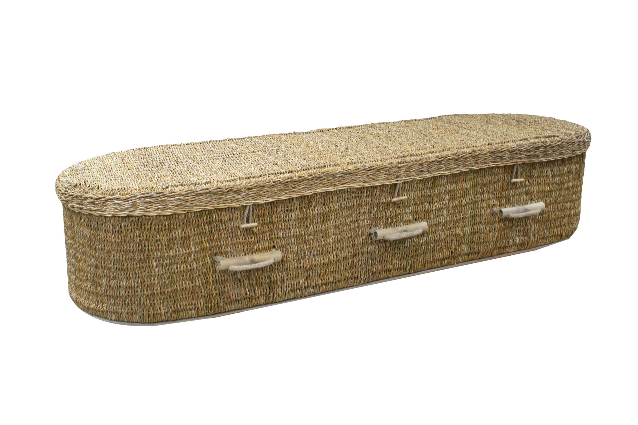 Basic range of coffins At T Allen the Seagrass Coffin with wooden handles and wooden tie downs